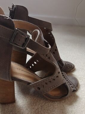 Report Taupe Suede Cutout Block Heel Sandals